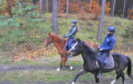 Na pierwszym planie jeżdziec na czarnym koniu, ustawiony profilem, za nim na rudym koniu drugi jeździec