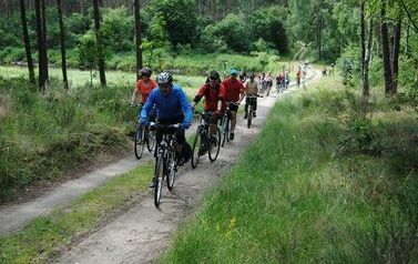 Grupa rowerzyst&oacute;w w r&oacute;żnym wieku jedzie wąską drogą, w tle drzewa i zielone pobocza
