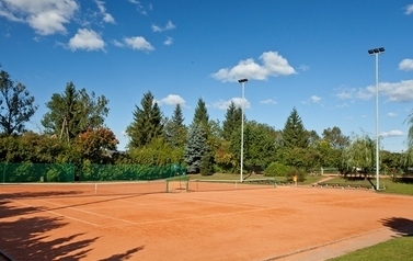 Kort tenisowy, pomarańczowa nawierzchnia, w tle iglaste drzewa, z lewej strony cienie drzew.