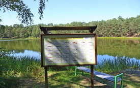 Tablice edukacyjne nad jeziorem.