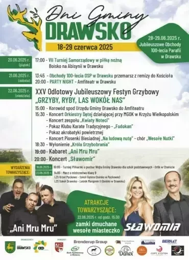 Dni Gminy DRAWSKO 18-29 czerwca 2025 28-29.06.2025 r.  Jubileuszowe Obchody 100-lecia Parafii w Drawsku 20.06.2025 r. 17:00 (piątek) - VII Turniej Samorządowy w piłkę nożną Boisko na Abisynii w Drawsku 21.06.2025 r. (sobota) 13:45 - Obchody 100-lecia OSP 