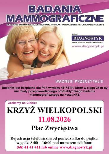 BADANIA MAMMOGRAFICZNE BEZPŁATNE BADANIA W RAMACH PROGRAMU PROFILAKTYKI RAKA PIERSI REFUNDOWANE PRZEZ NFZ NSZOZ DIAGNOSTYK Leszek Szyiński &amp; Wojciech Kwiecień S.C. www.diagnostyk.pl WAŻNE!!! PRZECZYTAJ!!! Badanie jest bezpłatne dla Pań w wieku 45-74 lat, 