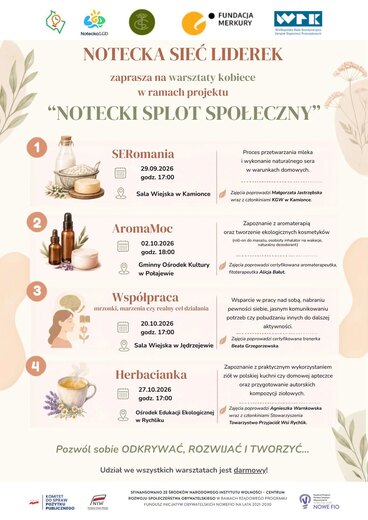 1 Notecka LGD FUNDACJA MERKURY WFK Wielkopolska Rada Koordynacyjna Związek Organizacji Pazarządowych NOTECKA SIEĆ LIDEREK zaprasza na warsztaty kobiece w ramach projektu "NOTECKI SPLOT SPOŁECZNY" SERomania 29.09.2026 godz. 17:00 Sala Wiejska w Kamionce Proces przetwarzania mleka i wykonanie naturalnego sera w warunkach domowych. Zajęcia poprowadzi Małgorzata Jastrzębska wraz z członkiniami KGW w Kamionce. AromaMoc 02.10.2026 godz. 18:00 Gminny Ośrodek Kultury w Połajewie Wsp&oacute;łpraca mrzonki, marzenia czy realny cel działania 20.10.2026 godz. 17:00 Sala Wiejska w Jędrzejewie Zapoznanie z aromaterapią oraz tworzenie ekologicznych kosmetyk&oacute;w (roll-on do masażu, osobisty inhalator na wakacje, naturalny dezodorant) Zajęcia poprowadzi certyfikowana aromaterapeutka, fitoterapeutka Alicja Bałut. Wsparcie w pracy nad sobą, nabraniu pewności siebie, jasnym komunikowaniu potrzeb czy pobudzaniu innych do dalszej aktywności. Zajęcia poprowadzi certyfikowana trenerka Beata Grzegorzewska. 4 Herbacianka 27.10.2026 godz. 17:00 Ośrodek Edukacji Ekologicznej w Rychliku Zapoznanie z praktycznym wykorzystaniem zi&oacute;ł w polskiej kuchni czy domowej apteczce oraz przygotowanie autorskich kompozycji ziołowych. Zajęcia poprowadzi Agnieszka Warnkowska wraz z członkiniami Stowarzyszenia Towarzystwo Przyjaci&oacute;ł Wsi Rychlik. Pozw&oacute;l sobie ODKRYWAĆ, ROZWIJAĆ I TWORZYĆ... Udział we wszystkich warsztatach jest darmowy! KOMITET DO SPRAW POŻYTKU PUBLICZNEGO INIW SFINANSOWANO ZE ŚRODK&Oacute;W NARODOWEGO INSTYTUTU WOLNOŚCI - CENTRUM ROZWOJU SPOŁECZEŃSTWA OBYWATELSKIEGO W RAMACH RZĄDOWEGO PROGRAMU FUNDUSZ INICJATYW OBYWATELSKICH NOWEFIO NA LATA 2021-2030 Program Funduszy Obywatelskich no lata 2021-2030