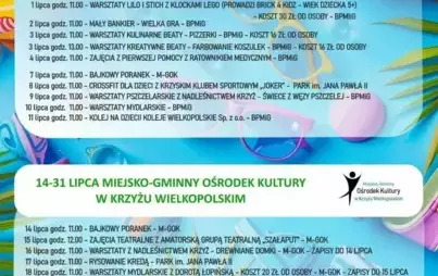 NIECH ŻYJĄ WAKACJE! LIPIEC 2025 1-11 LIPCA - BIBLIOTEKA PUBLICZNA MIASTA I GMINY KRZYŻ WIELKOPOLSKI Z UWAGI NA OGRANICZONĄ LICZBĘ MIEJSC W BIBLIOTECE NA WSZYSTKIE ZAJĘCIA OBOWIĄZUJĄ ZAPISY DO DNIA 24 CZERWCA 1 lipca godz. 11.00 - WARSZTATY LILO I STICH Z 